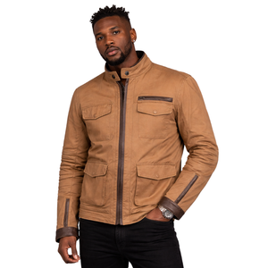 เสื้อแจ็คเก็ตมอเตอร์ไซค์ผู้ชาย สีแทน แบบซิป แจ็คเก็ตนักขี่มอเตอร์ไซค์ คอตั้ง บุผ้าควิลท์ที่ไหล่ มีกระเป๋าหลายช่อง เสื้อคลุมมอเตอร์ไซค์ - Product Image 2