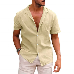 Chemise décontractée homme en coton et lin, motif à pois, couleur unie, col à revers, boutonnée, taille XXXL, collection été, best-seller - Product Image 3
