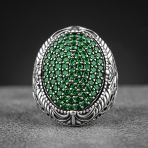 Men's 925 Sterling <b>Silver</b> Signet Ring With Green Cubic Zirconia Pave Diamond Setting Oval Vintage Style Everyday Wear For Boys - Product Image 1