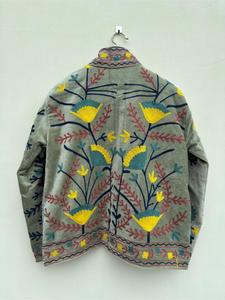 Artisan Grey <b>Velvet</b> Embroidered Suzani <b>Jacket</b> With Floral Pattern Full Sleeve Stand Collar Handmade <b>Women's</b> Winter Outerwear - Product Image 2