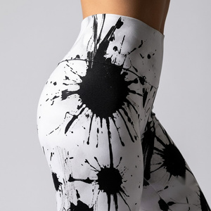 Leggings taille haute pleine longueur avec imprimé éclaboussures d'encre, tissu tricoté extensible peint à la main, style sportif, pour toutes les saisons - Product Image 2