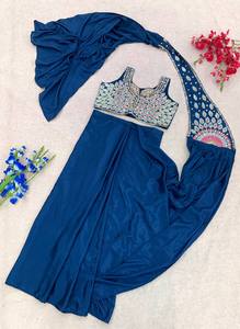 Conjunto de Saree de Satén Azul Bordado para Mujer, Estilo Indio Moderno para Bodas, Fiestas, Diwali, Blusa sin Mangas, Dupatta, Corte en A - Product Image 6