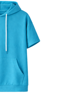 Haut à capuche bleu personnalisé à manches courtes pour homme, pull décontracté à capuche, t-shirt léger d'été, style streetwear, en mélange de coton avec poches - Product Image 3