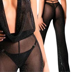 Mono de encaje elástico negro de manga larga para mujer, estilo Power Wet Look, ajuste regular, sexy, para club, atuendo de moda contemporánea, elegante - Product Image 5