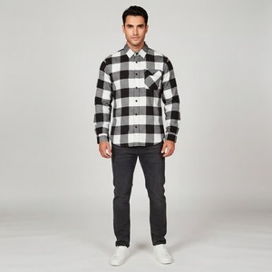 <b>Men's</b> Black <b>White</b> Plaid Flannel <b>Shirt</b> Full <b>Sleeve</b> Turn-down Collar Casual Autumn 100% Cotton <b>Long</b> <b>Sleeve</b> <b>Shirts</b> - Product Image 1