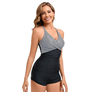Women's Striped One-Piece Swimsuit With Tummy Control Shorts And <b>Crossed</b> Halter Neckline - Product Image 3