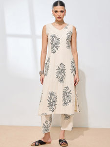 Floral Printed Sleeveless V-Neck Cotton Ankle-Length <b>Kurti</b> & Trousers <b>Women</b> Loose Fit Casual Summer Wear India Pakistan Style - Product Image 4