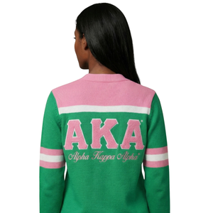 เสื้อคาร์ดิแกนสีเขียวชมพู AKA 1908 สำหรับผู้หญิง แบบถักติดกระดุม ปักลายเชนิลล์ สไตล์เครื่องแต่งกายชมรมหญิงชาวกรีก แขนยาว ทรงสวยทันสมัย - Product Image 4