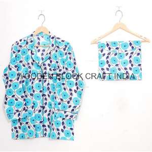 Ensemble de pyjama en coton assorti à motifs floraux, chemise et pantalon, doux et léger, pyjama d'été pour femmes, tenue de nuit - Product Image 2