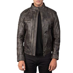 Chaqueta de cuero vacuno original unisex Wax Brown, talla grande, estilo Cafe Racer, con cuello de banda, detalles acolchados en los hombros, impermeable. - Product Image 1