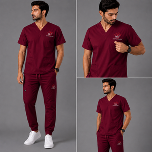 WAPRO INDUSTRY Men's <b>Maroon</b> V-Neck Scrub Set Cotton Polyester Woven Hospital Uniforms - Product Image 3