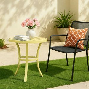 Tavolino Rotondo in Metallo Giallo Chiaro per Interni/Esterni, Tavolino da Caffè per Patio e Bistrot - Product Image 6