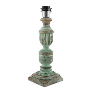 Lampe de table en bois sculpté bleu sarcelle, abat-jour tambour orange, base trophée rustique de style français, lampe de chevet, décoration intérieure, vente en gros OEM ODM - Product Image 3