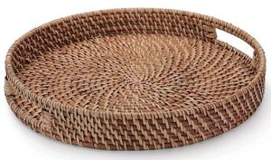 Handmade Woven Plant Fiber Round Decorative Tray With Handles Rustic Style Bamboo Rattan Craft For <b>Home</b> Decoration - Product Image 3