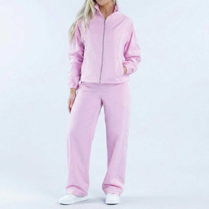 Women <b>Pink</b> <b>Tracksuit</b> Solid Color Casual Loose Fit Full Length Zipper Front Sweatshirt And Pants Set With Side Pockets - Product Image 1