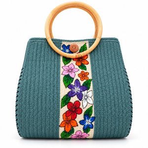 Sac fourre-tout personnalisé en jute tressé, fait main, avec découpes florales fantaisie, pour femme, avec anneau en bambou, deux doubles fermetures éclair et soufflets latéraux enroulés - Product Image 1