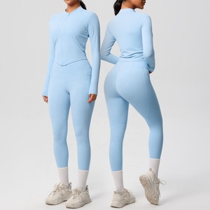"Wholesale Women's Yoga Set Quick Dry Long Sleeve Zipper Top and <b>Leggings</b> <b>with</b> <b>Pockets</b> Gym Fitness Activewear OEM ODM" - Product Image 1