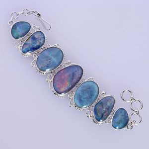 Bracelet vintage en argent sterling 925 massif avec opale, chaîne à maillons, pour femme, à porter au quotidien, bijoux fins, serti de pierres bleues irisées - Product Image 1