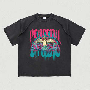 เสื้อยืดโอเวอร์ไซส์ผู้ชาย สีเบจ พิมพ์ลายกราฟิก แขนสั้น คอกลม สตรีทแวร์ แฟชั่นลำลอง เสื้อยืดลายเทวดาสันติภาพสำหรับผู้ชาย - Product Image 5