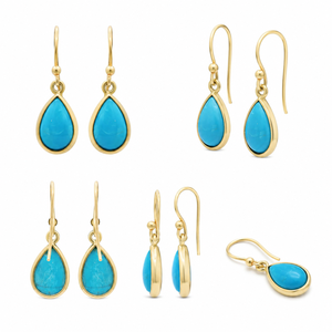 Boucles d'oreilles pendantes unisexes tendance en argent sterling 925, plaquées or, avec pierre précieuse turquoise taille poire, certifiées, cadeau idéal - Product Image 4