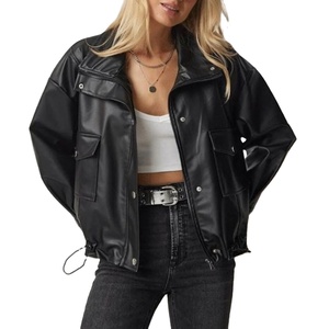 Unisex PU Leather Moto <b>Jacket</b> Stand Collar <b>Zipper</b> Closure <b>Pockets</b> Short Length Autumn Wear - Product Image 1
