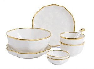 Juego de vajilla de 2/4/6/8 personas, estilo ligero y lujoso con borde dorado, elegantes bordes ondulados, libre de BPA, resistente a la decoloración, ideal para regalar en el hogar. - Product Image 6