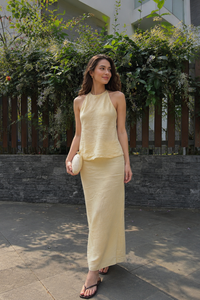 New Trendy Cotton Halter Neck Maxi Dress - Casual Summer Sleeveless Yellow Long Gowns for Women Beach & Holiday Fashion Wear - Product Image 1
