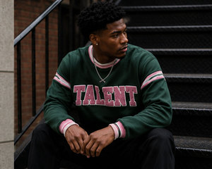 <b>Men's</b> Custom Green Crewneck Sweatshirt with <b>Pink</b> Chenille Varsity Lettering Striped Sleeves and Ribbed Hem - Product Image 3