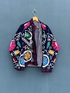 Handcrafted Premium Navy Blue Velvet Suzani Embroidered Jacket For Women Soft Velvet Fabric Full Sleeves Mandarin Collar Jacket - Product Image 2