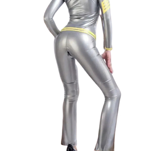 Mono metálico plateado de manga larga para mujer, de cintura alta, ajuste ceñido, largo completo, color liso, ropa de club con cinturón y cuello alto - Product Image 3