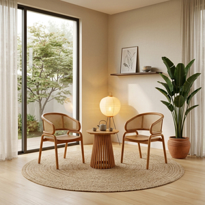 Ensemble de salon et mobilier de patio en teck massif de luxe moderne, finition naturelle, comprenant table basse à lattes Nusa et fauteuils incurvés, pour commande en gros - Product Image 4