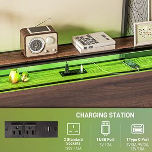 <b>Queen</b> <b>Size</b> Walnut Platform <b>Bed</b> Frame with LED Lights Charging Station Noise Free Headboard with Storage - Product Image 5