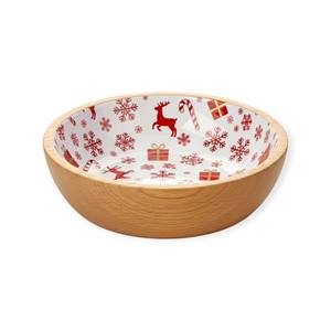 Festive Wooden Serving <b>Bowl</b> with Red Christmas <b>Enamel</b> Pattern for Holiday Dining Table and Seasonal Home Decor - Product Image 1