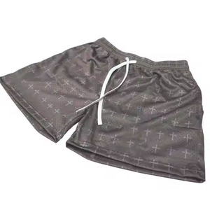 Shorts décontractés pour hommes gris à imprimé géométrique, séchage rapide, avec cordon de serrage, en tissu satiné, taille mi-haute - Product Image 2