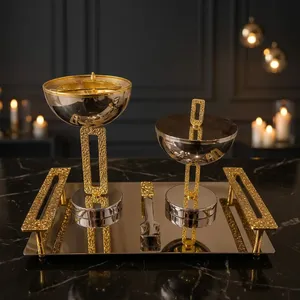 Luxurious <b>Silver</b> And Gold Incense <b>Burner</b> Set Featuring Geometric Textured Stems Covered Bowl And Metal Tray For Home Fragrance - Product Image 4
