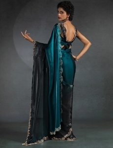 Sari de Fiesta Estilo Bollywood de Seda Satén Reversible Adornado y Sin Arrugas - Product Image 4