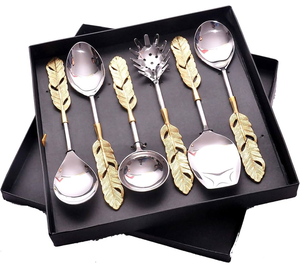 Ensemble de serveurs à salade en acier inoxydable et laiton, design feuille, 6 pièces, pour mariages et fêtes, boîte noire - Product Image 6