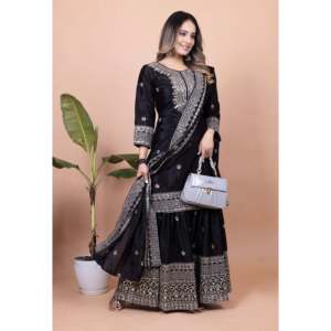 Conjunto de traje Sharara bordado para mujer de diseñador y accesorios de moda con estampado de secuencia Dupatta - Product Image 3