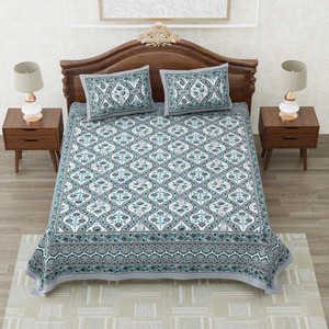 Jaipuri Heritage King Size <b>Bed</b> Sheet Grey Blue Traditional Print Cotton Bedding Set with Pillow Covers - Product Image 1