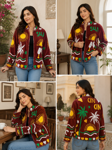 Hand Embroidered Corduroy <b>Jacket</b> <b>Mandarin</b> <b>Collar</b> Full Sleeve Zipper Closure Summer Vacation Style Women's <b>Jacket</b> - Product Image 5
