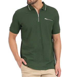 Polo en tricot à manches courtes pour homme, vert olive, avec fermeture éclair, couleur unie, coupe classique - Product Image 4