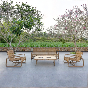 MIRA-B Traditional Outdoor <b>Rattan</b> <b>Sofa</b> Set Teak Table Comfortable 4 Seating Capacity Weather Resistant Garden Living Room - Product Image 1