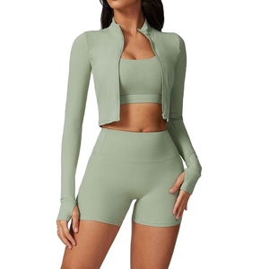 Ensemble de sport pour femme à manches longues avec décorations à fermeture éclair, 2 pièces : crop top athlétique et legging, idéal pour l'entraînement et le yoga - Product Image 1