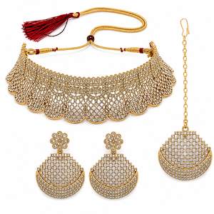 Parure de bijoux pour femme en alliage de zinc plaqué or, avec collier et boucles d'oreilles, ornée de cristaux, strass et perles d'imitation, motif floral - Style vintage - Product Image 1