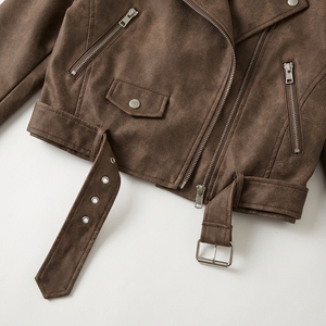 Proveedor de Ropa Profesional, Chaqueta de Motociclista de Gamuza Marrón para Mujer, Chaqueta Corta con Cierre, Cuello Camisero y Cinturón - Product Image 6
