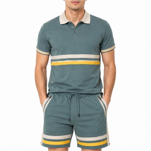 Men Striped Polo Shirt Shorts <b>Set</b> Casual Summer Breathable Cotton <b>Knitted</b> Activewear Fit Lightweight Comfort Fabric For Men - Product Image 1