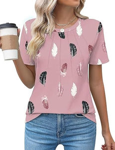 Blouses décontractées pour femmes à col rond et manches courtes, imprimé feuilles, logo frontal, écologiques, vêtements tendance 2026 - Product Image 1