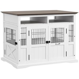 Cuccia Classica Bianca per Cani con Doppia Porta e Spazio di Stoccaggio, con Tavolino Laterale per Razze Piccole e Medie, Inclusi Cani di Taglia Grande - Product Image 1