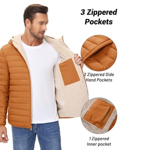 2026 Men Hooded Puffer <b>Jacket</b> <b>Fleece</b> <b>Lined</b> Windproof Winter Outerwear Zipper Closure Casual Solid Color Thick Polyester Wadding - Product Image 4
