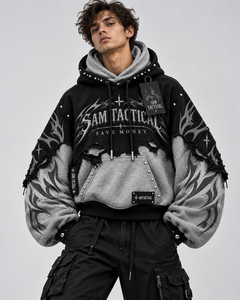 SAM TACTICAL Gothic Hooded <b>Sweatshirt</b> Oversized Lantern Sleeve Cut Out Print Men's Autumn Knitted <b>Black</b> Gray Wholesale Rate - Product Image 2